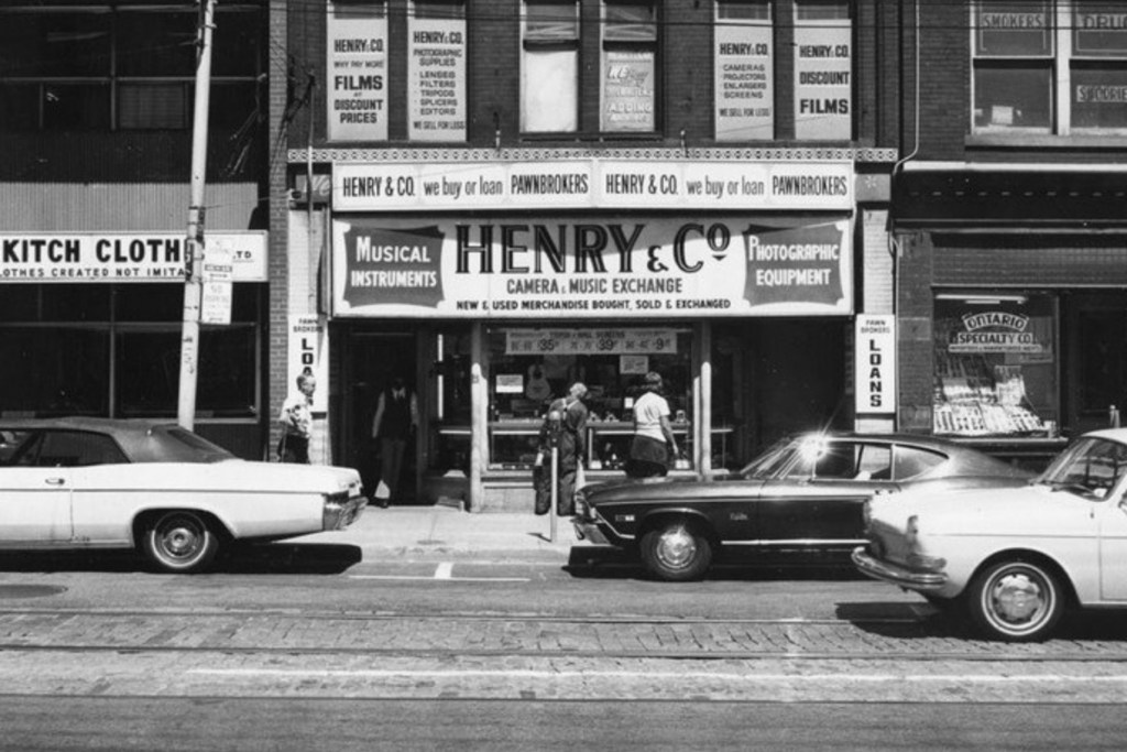 Black and white image of Henry's: Canada's Greatest Camera Store on 135 Church Street (Toronto, Ontario) in 1965. 